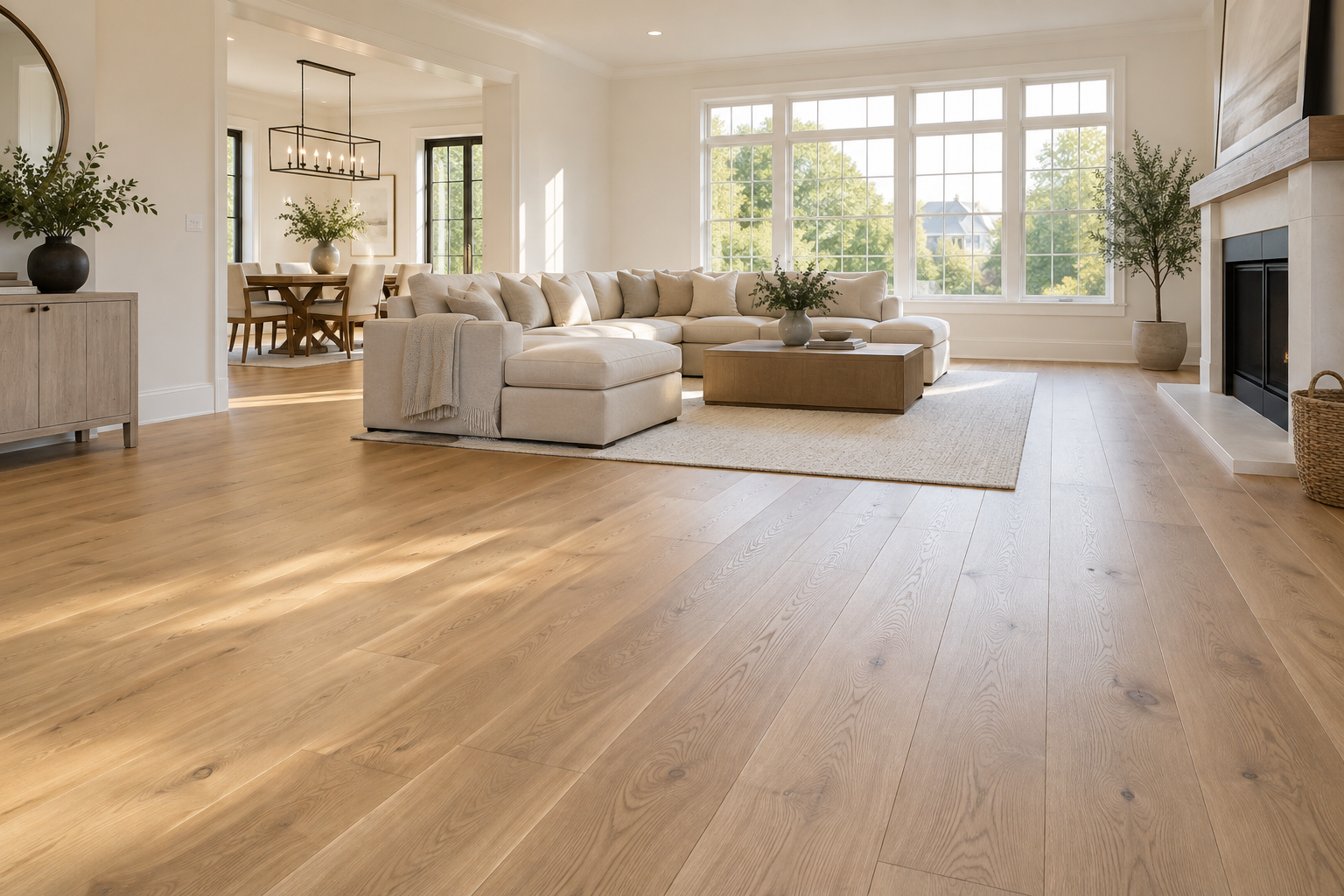 AI-generated flooring inspiration featuring natural white oak hardwood