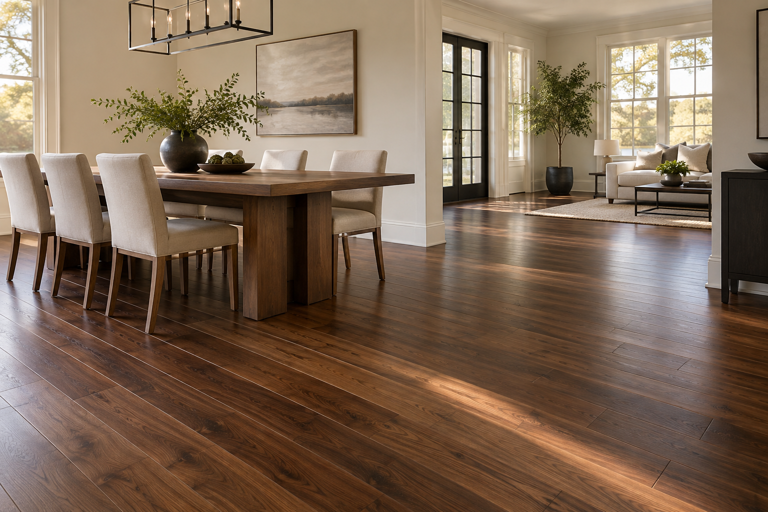 AI-generated flooring inspiration featuring rich walnut hardwood